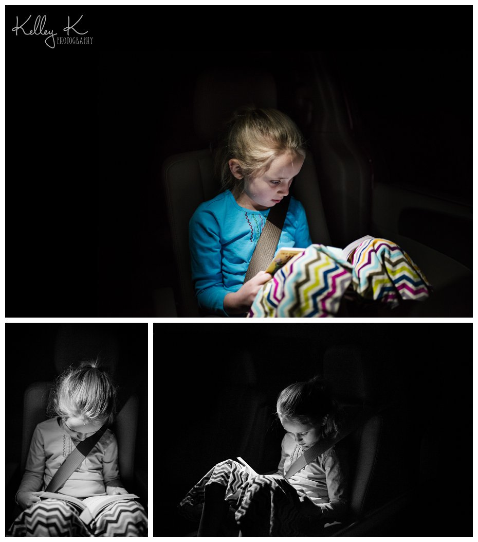 Child reading in the car at night | Kelley K Photography - Smyrna