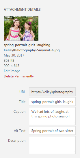 Screenshot of Image Details in the WordPress Media Library showing SEO content