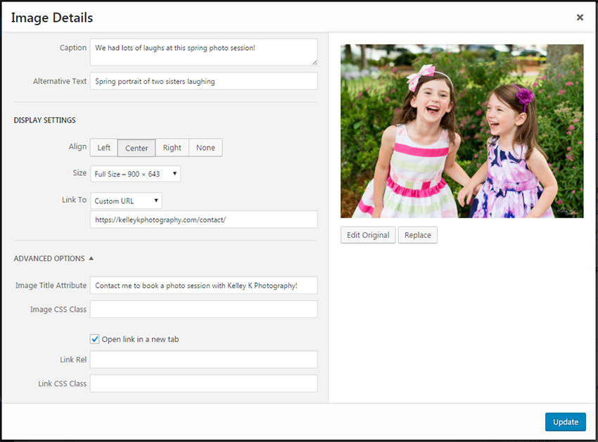 Screenshot of WordPress Image Details window showing SEO content