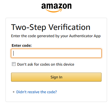 Amazon.com Two-Step Verification window