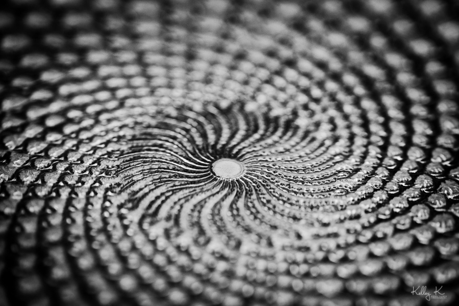 Black and white image of textured platter