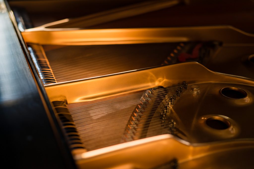 Strings of a baby grand piano
